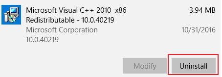 vc++ uninstall