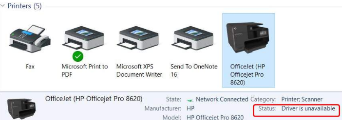 hp printer driver is unavailable windows control panel