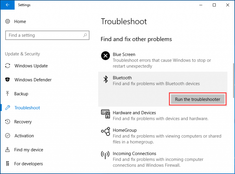 the option to turn on bluetooth missing windows 10